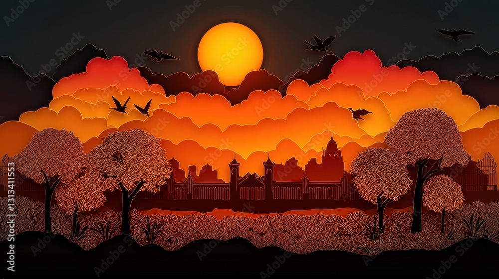 Φωτογραφία Vibrant City Skyline Silhouetted Against a Colorful Sunset Horizon