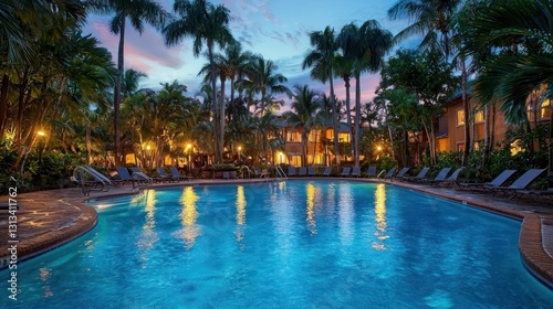 Tropical resort pool at twilight, illuminated photo