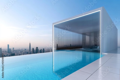 Modern architectural design featuring an infinity pool and city skyline