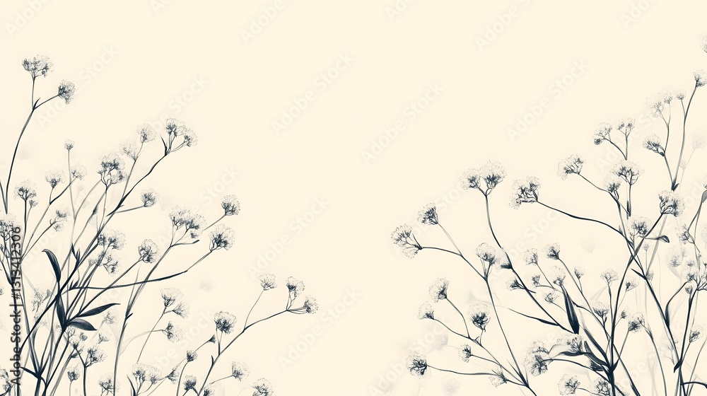 Delicate botanical illustrations of flowers and leaves on neutral background Delicate botanical illustrations of flowers and leaves on neutral background