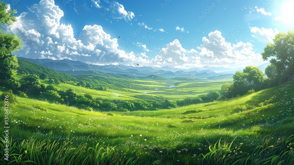 An image of picturesque green landscape under a bright sun An image of picturesque green landscape under a bright sun