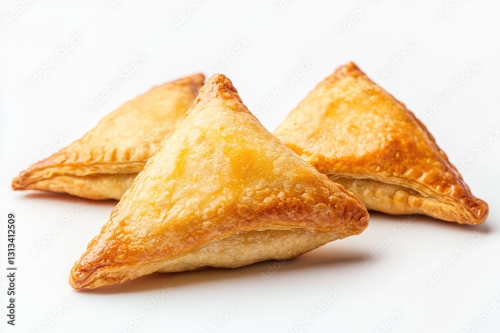 Three golden brown samosas served on a white background, ready to be enjoyed as tasty appetizers or desserts. Three golden brown samosas served on a white background, ready to be enjoyed as tasty appetizers or desserts.