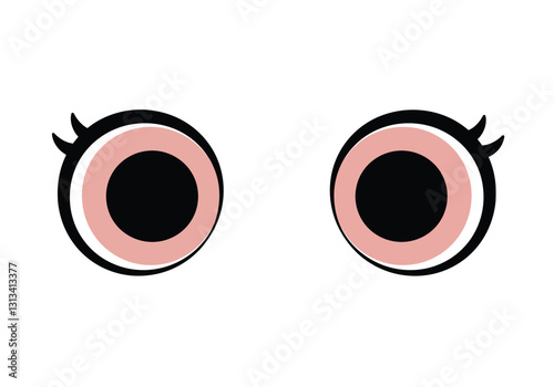 Cute clipart eyes. Cartoon eyes with black pupils, pink irises, and small lashes. Vector illustration design.