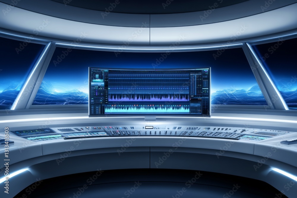Futuristic music studio with advanced sound mixing equipment and screens Futuristic music studio with advanced sound mixing equipment and screens