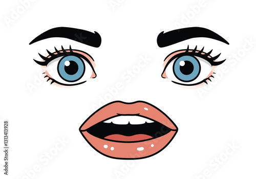 Eyes mouth clipart. This image shows a pair of blue eyes with long eyelashes, thick black eyebrows, and pink lips slightly open. Vector illustration design.