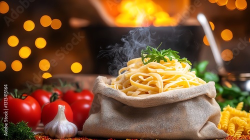 A delicious serving of pasta in a rustic bag, garnished with fresh herbs. Juicy tomatoes and garlic nearby, with a warm, inviting background of blurred lights. photo