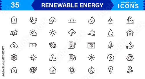 Renewable Energy Icon Set. High-Quality Icons for Solar, Wind, Green Energy, Sustainability, and Clean Power Solutions