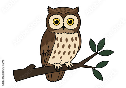 Owl on tree clipart illustration design. Brown owl with large yellow eyes perched on a branch with green leaves. Vector illustration design.