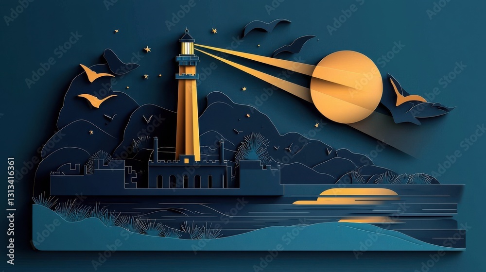 Εκτύπωση καμβά Charming Lighthouse Overlooking Serene Sea with Birds in Paper Art Style
