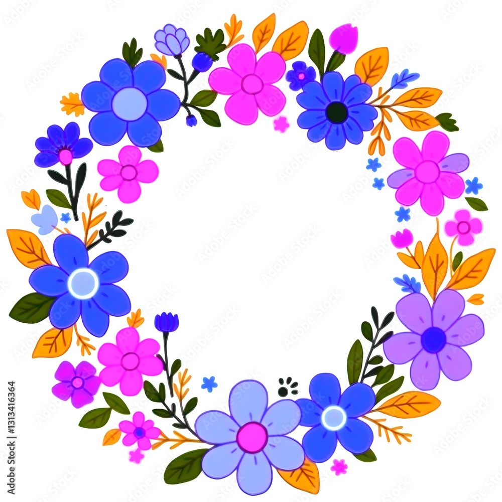 Floral Wreath Illustration, Vibrant Blue and Pink Flowers, graphic design elements Floral Wreath Illustration, Vibrant Blue and Pink Flowers, graphic design elements