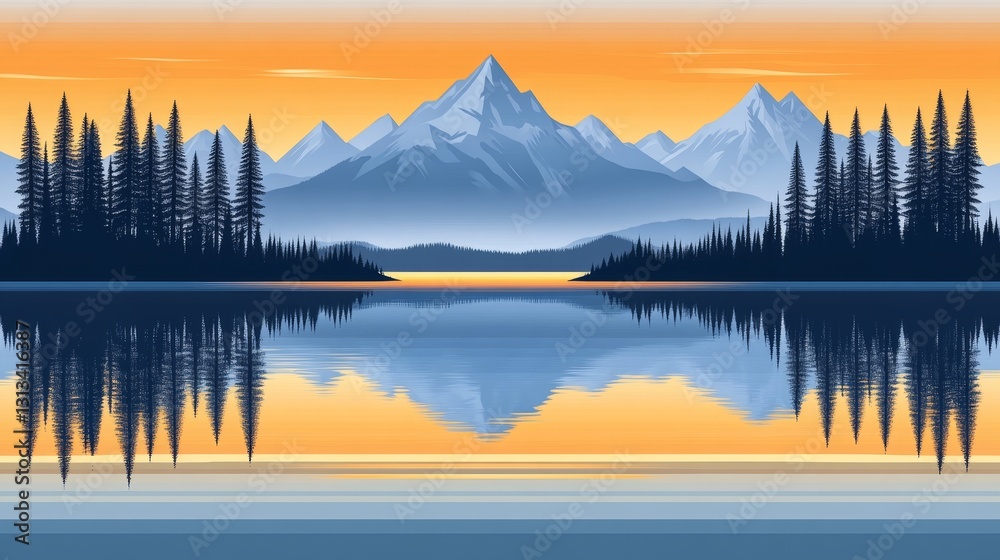 Obraz premium Peaceful landscape illustration displaying a serene lake mirroring mountains and trees with a warm color scheme offering calming visuals