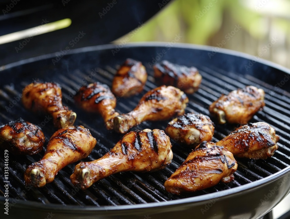 Chicken wings and legs cooked on a charcoal grill with smoke from the grilling process visible. Chicken wings and legs cooked on a charcoal grill with smoke from the grilling process visible.