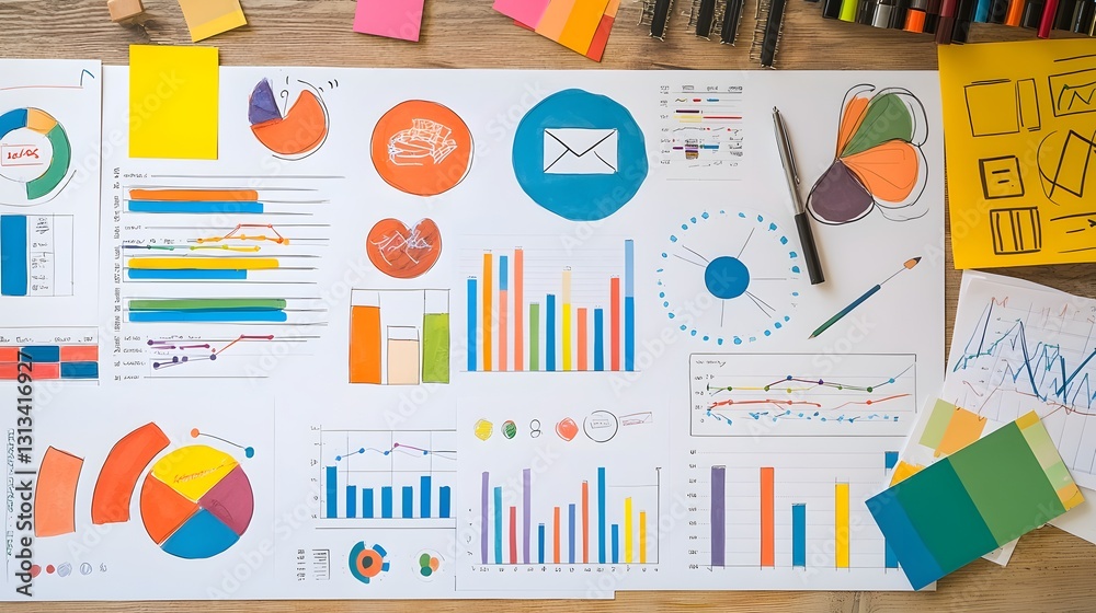 Colorful Hand Drawn Charts Graphs Data Visualizations on Desk Business Strategy Planning Colorful Hand Drawn Charts Graphs Data Visualizations on Desk Business Strategy Planning