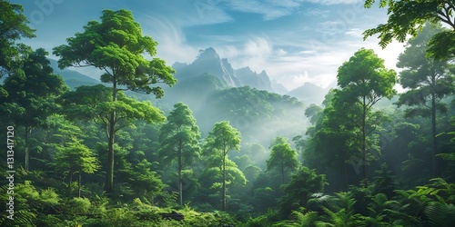Mountain Forest with Lush Green Trees and Woodland