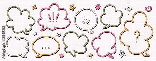 Set of cute colorful comic speech bubbles in groovy cartoon style with a various elements . Vector illustration.