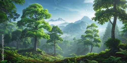 Mountain Forest with Lush Green Trees and Woodland