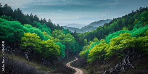 Mountain Forest with Lush Green Trees and Woodland