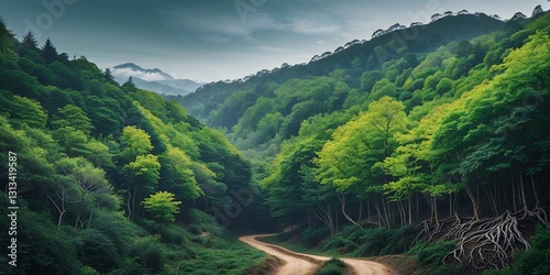Mountain Forest with Lush Green Trees and Woodland