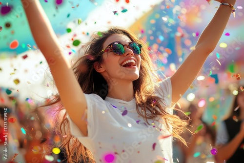 Joyful, energetic woman celebrating amidst vibrant confetti bursts