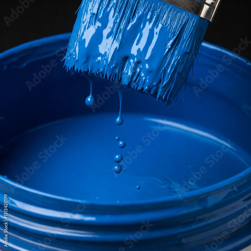 paintbrush and blue paint. Close up of blue paint pot and dripping paintbrush.