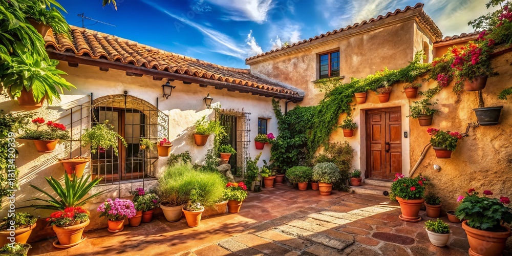 Fototapeta premium Vintage Spanish Home Exterior, Sunny Day, Andalusian Architecture, Rustic Charm
