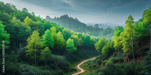 Mountain Forest with Lush Green Trees and Woodland