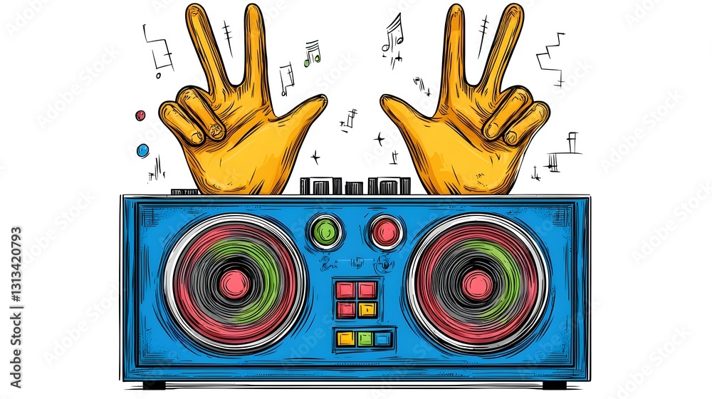 Fototapeta premium Peace Sign Hands Above Retro Blue Boombox Pixel Art Illustration