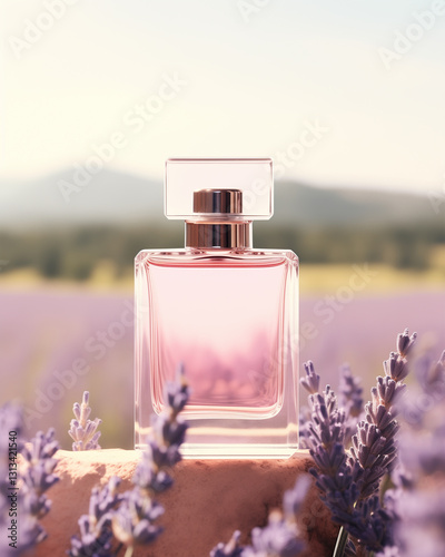 Elegant Perfume Glass Bottle On Surface In French Lavender Flower Fields During Daytime. Floral Fragrance. Soft Bokeh Background. Product Mockup.