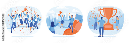 Group of employees  celebrating victory at work. Colleagues rejoicing success concept