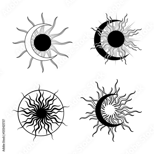 Intricate designs of sun and moon symbols in black and white artistic representation