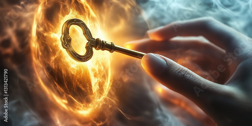 A golden key hovering above a human hand, radiating mysterious energy.