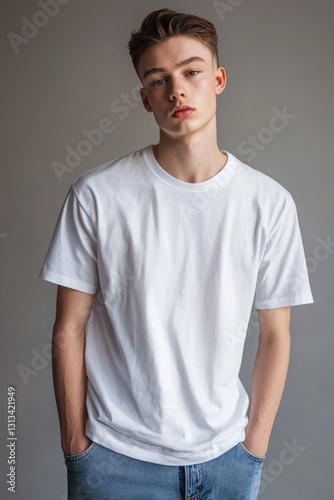 A young man in a white shirt and blue jeans poses for a photo. Concept of casualness and simplicity, as the man is dressed in comfortable clothing and is standing in a relaxed manner