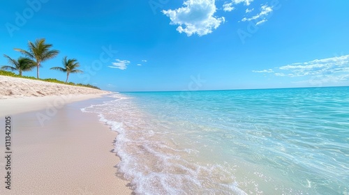Fototapeta Naklejka Na Ścianę i Meble -  A pristine white sand beach with crystal clear turquoise water lapping at the shore, palm trees swaying in the gentle breeze, and a cloudless blue sky.