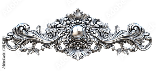 Ornate silver decorative pattern with intricate floral and leaf motifs, featuring central pearl like element, ideal for embellishment and design