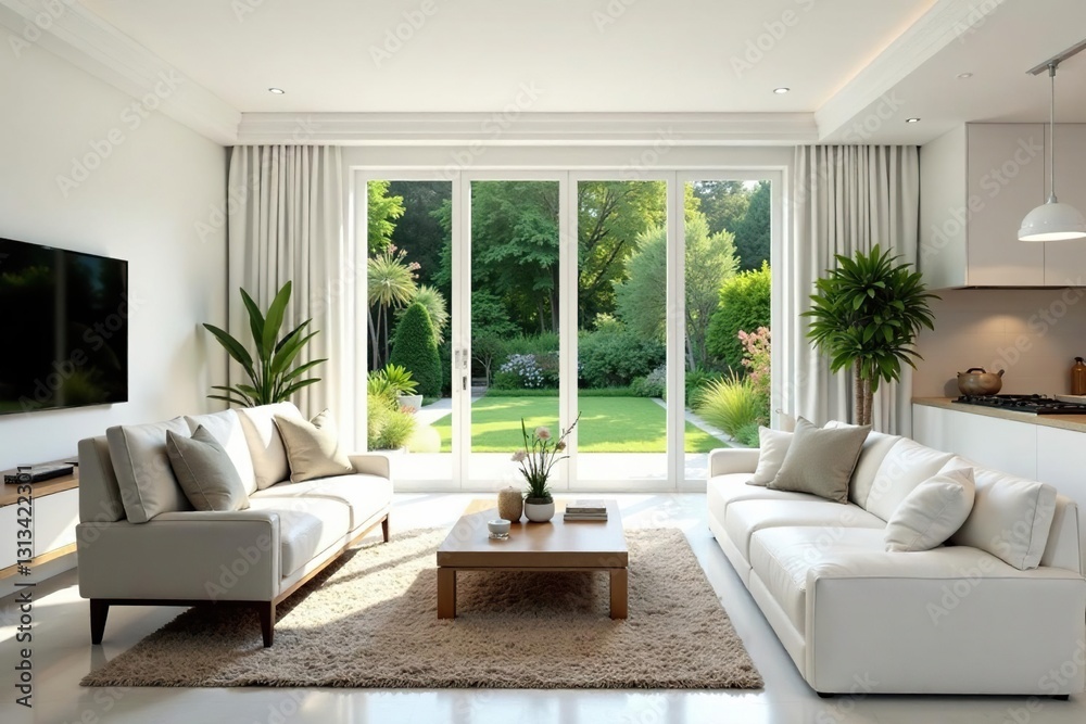 Fototapeta premium Opulent living room, white kitchen, patio doors, garden view , design, view, high-end