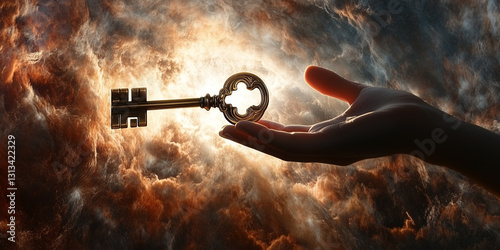 A golden key hovering above a human hand, radiating mysterious energy.