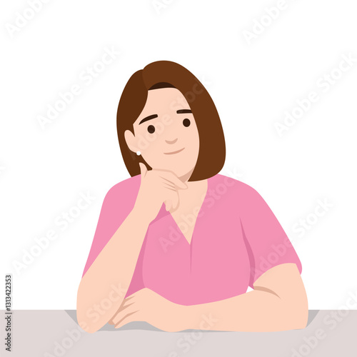 Thoughtful Woman is resting her chin on her hand, appearing to be in deep thought or contemplation. Flat vector illustration isolated on white background