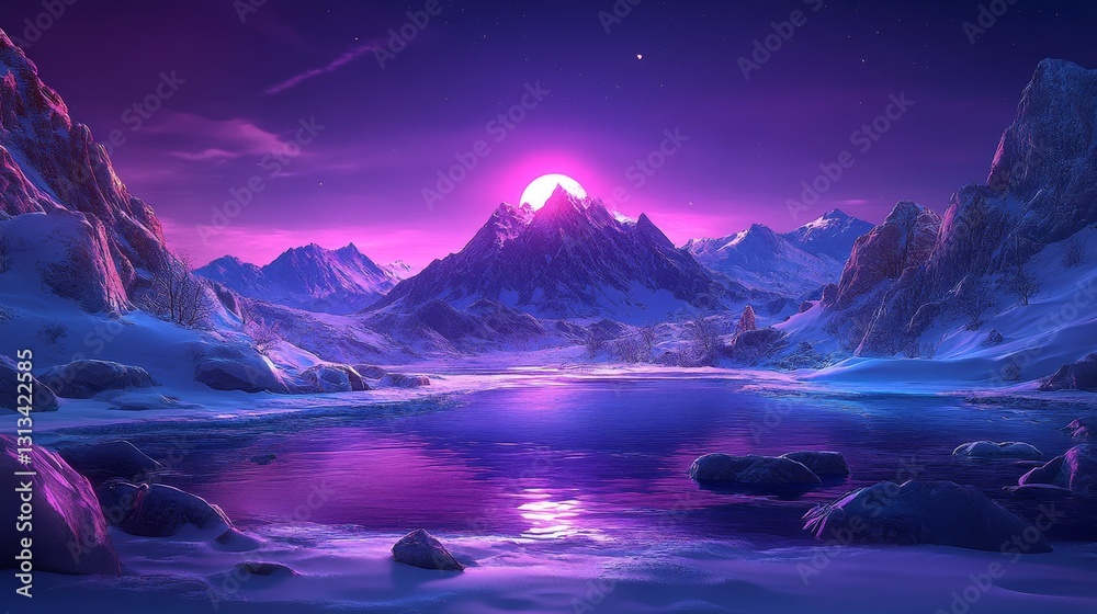 Obraz premium Majestic purple mountain landscape with radiant sunrise light reflecting on icy lake creating serene otherworldly scenery for winter
