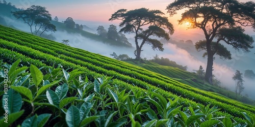 Sunrise Over Green Tea Plantation in Natural Landscape