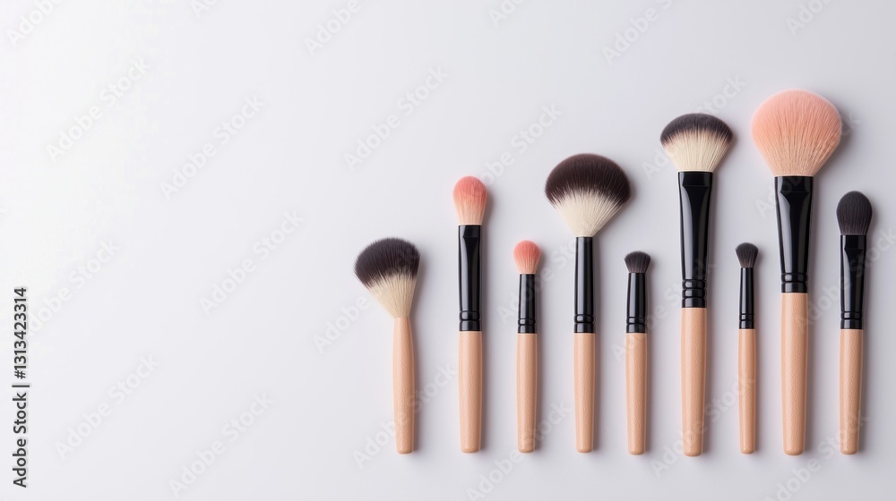 A set of professional makeup brushes fanned out on a pristine white background, emphasizing their soft bristles and luxurious quality. A set of professional makeup brushes fanned out on a pristine white background, emphasizing their soft bristles and luxurious quality.