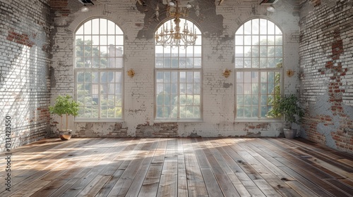 Empty, loft industrial grunge interior. Old brick walls and big windows. Interior concept background .3d Render