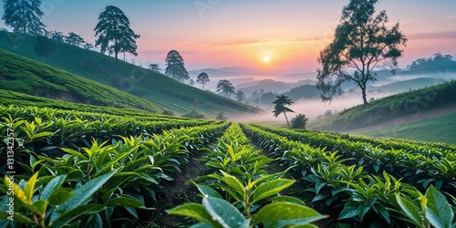 Sunrise Over Green Tea Plantation in Natural Landscape