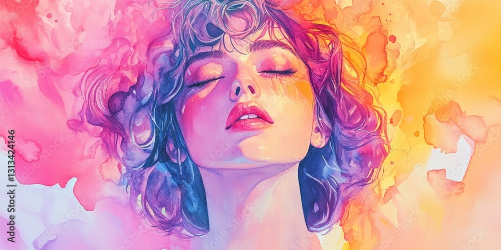 Φωτογραφία A woman with a pink and yellow head with a blue and purple hair
