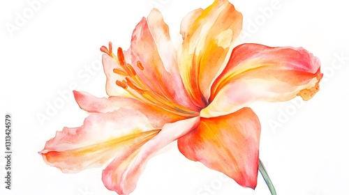 Beautiful watercolor painting of a large orange and red flower photo
