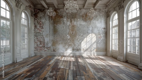 Empty, loft industrial grunge interior. Old brick walls and big windows. Interior concept background .3d Render