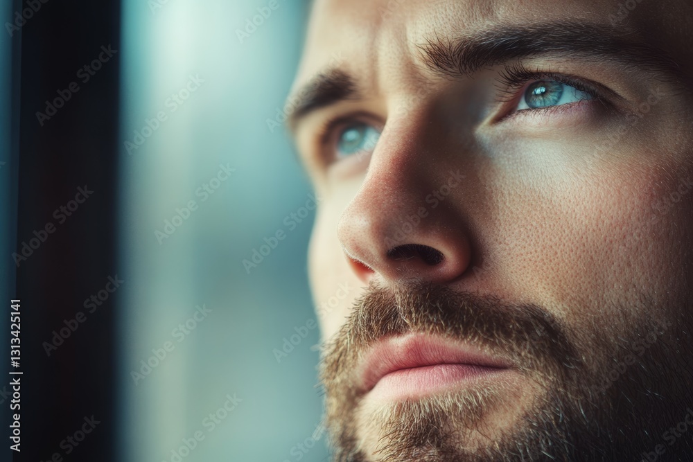 Obraz premium Thoughtful Portrait of a Bearded Man Gazing Out of Frame in Contemplation
