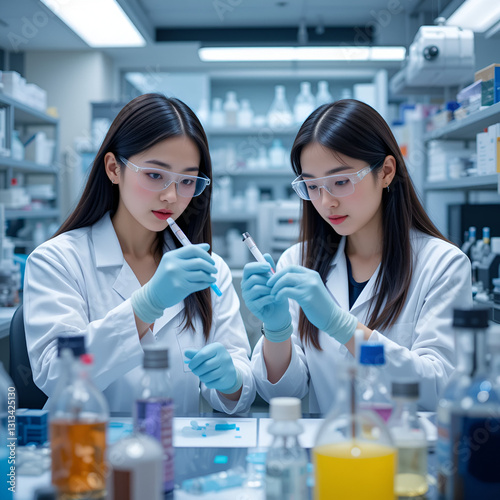 Two Asian female scientists conduct biochemical research using micro pipettes in a high-tech medical lab
