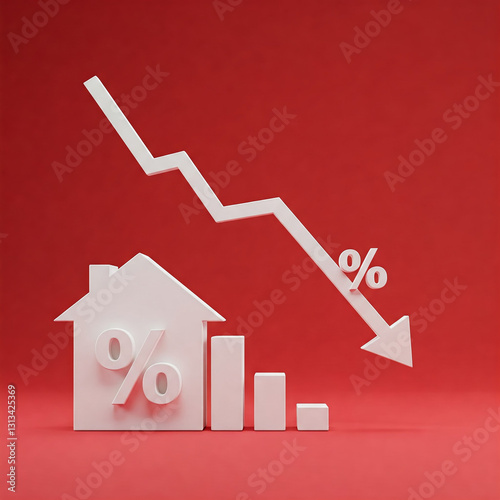 real estate concept. falling white chart arrow with percent icon on wide red background with mock up place. Falling interest rates and mortgage concept.