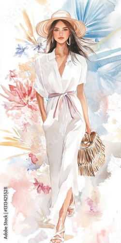 A woman in a white dress is walking down a street with a straw hat on