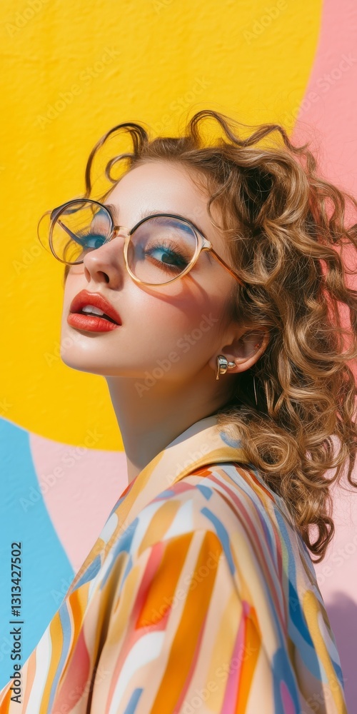 Obraz premium A woman with curly hair and glasses is standing in front of a colorful wall